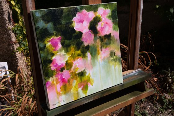 Flowers pink roses in a garden - impressionistic semi abstract floral painting Monet inspired