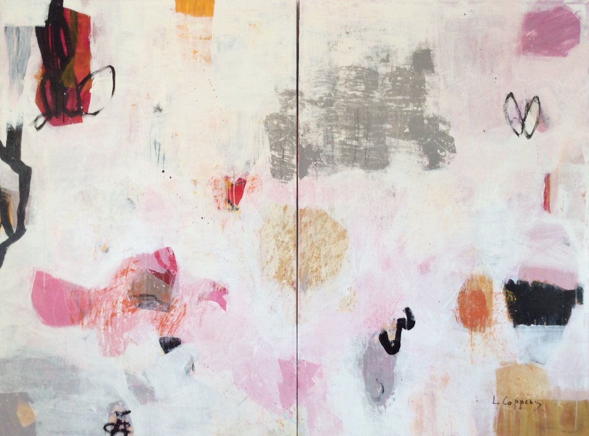 Expressive Abstract Acrylic Painting By Linda Coppens, 63 X 47", Dreams Through Mist-Diptych, Original Artwork