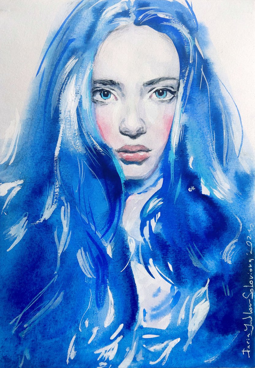 Impressionistic Portrait Watercolour By Daria Yablon-Soloviova, 6 X 8, Melting Into Sugar Blue, Original Artwork