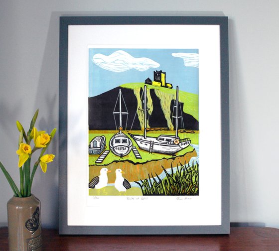 Boats at Uphill, Somerset. Limited Edition linocut