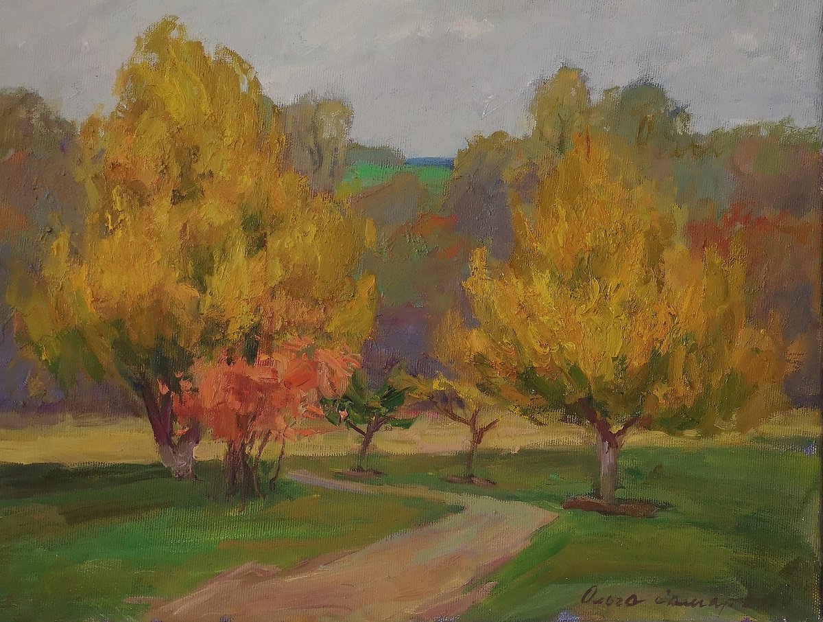 Impressionistic Landscape Oil Painting By Olga Samar, 16 X 12", Apricot Garden, Original Artwork