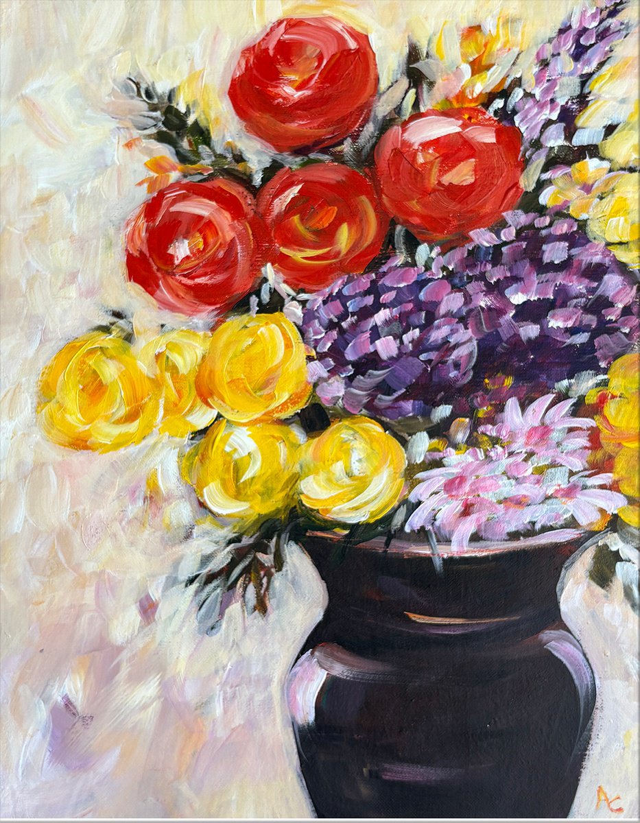 Expressive Botanical Acrylic Painting By Arti Chauhan, 14 X 18, Summer Roses, Original Artwork