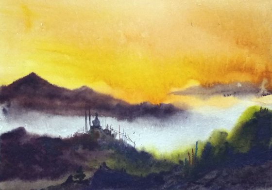 Cloudy Himalaya Mountain Sunrise - Watercolor on Paper