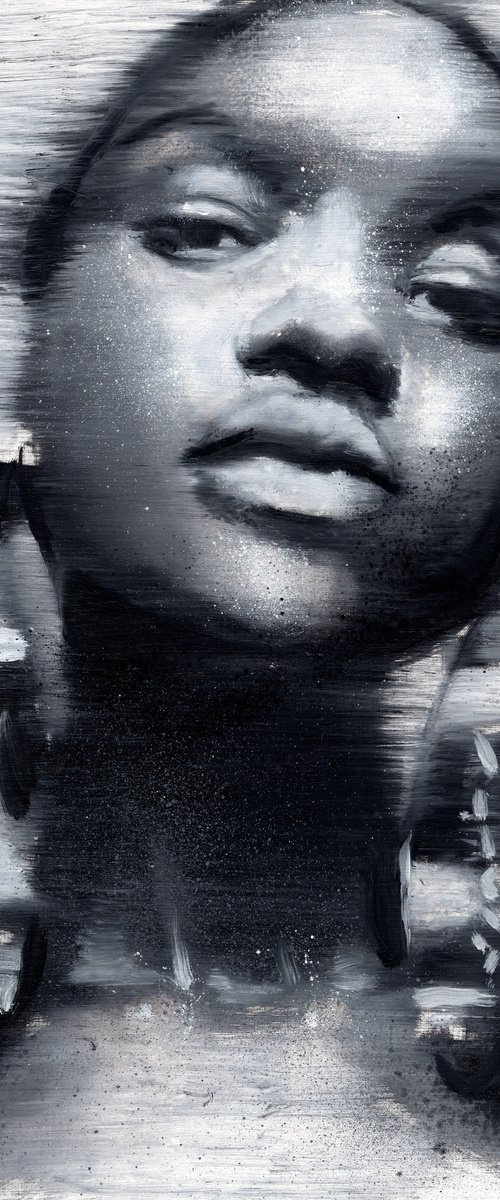 Akon | Black and white portrait black earrings high fashion portrait woman | beautiful sexy fashion powerful lady woman | oil painting on paper | by Renske Karlien Hercules