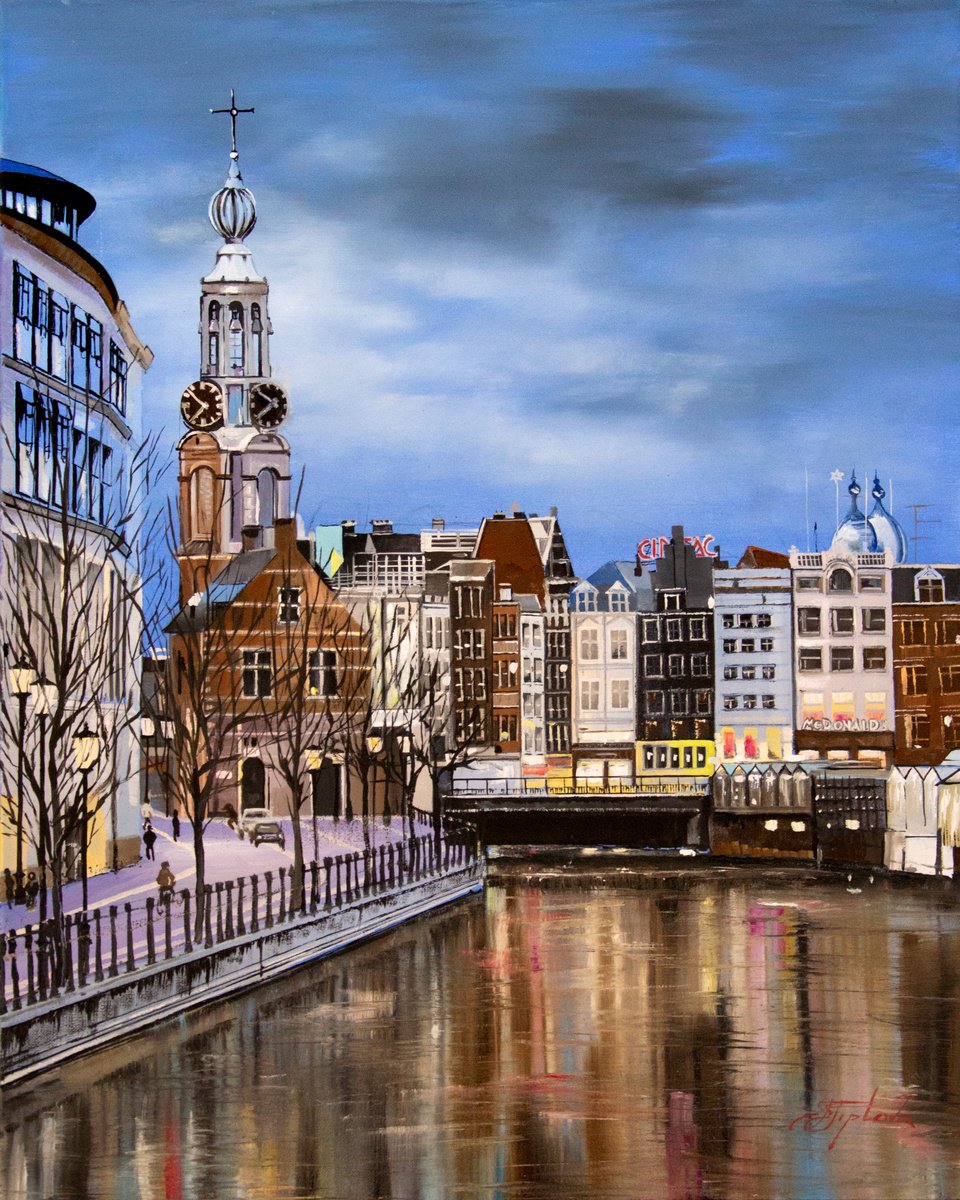 Impressionistic Cityscapes Oil Painting By Tetiana Tiplova, 16 X 20", An Evening In Amsterdam, Original Artwork