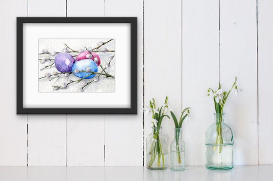Easter. Spring still life with pussy willow branches and painted eggs. Original watercolor artwork.