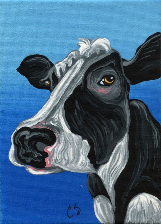 ACEO ATC Original Painting Black Cow Farmyard Art-Carla Smale