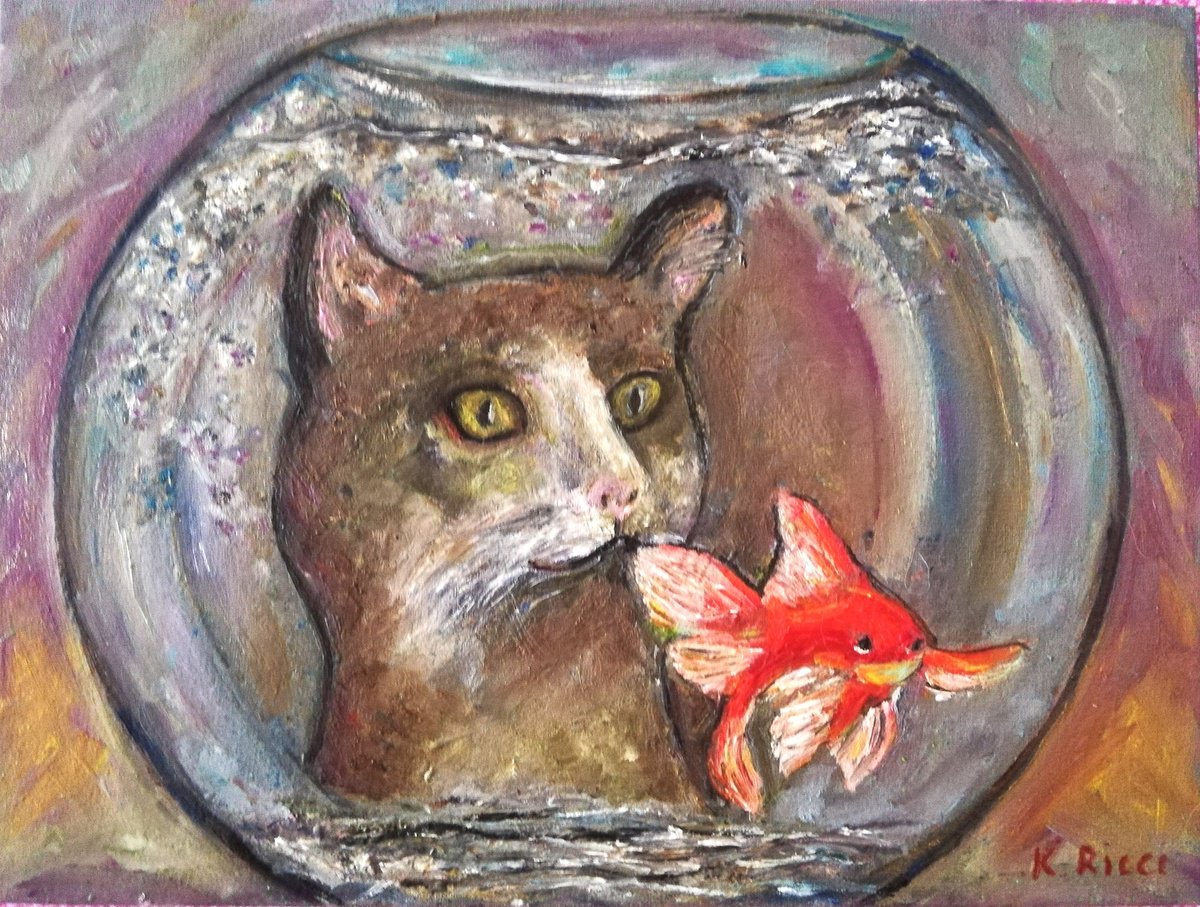 Cat and Golden Fish  Original Oil on Canvas Board Painting 7 by 10 inches (18x24 cm) by Katia Ricci