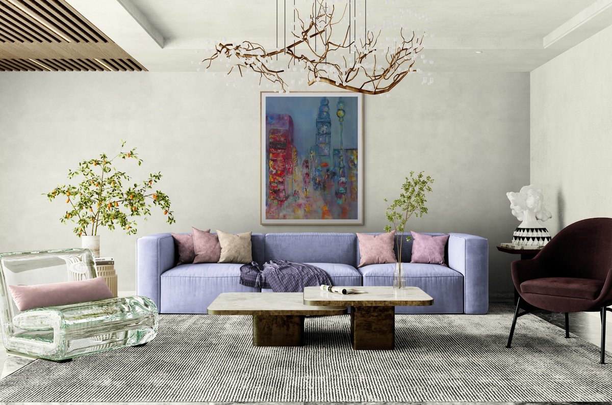 Impressionistic Cityscapes Oil Painting By Lesley Blackburn, 16 X 22", Londoners In The Rain, Original Artwork