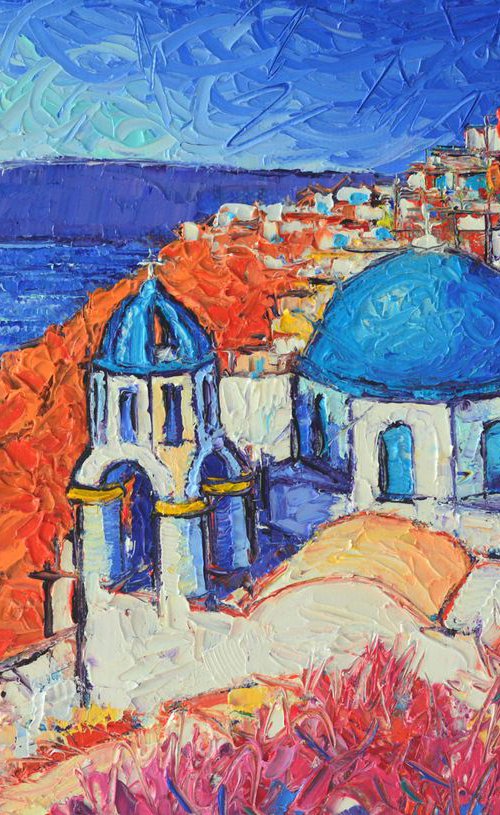 BLUE DOMES IN OIA SANTORINI GREECE original modern impressionist abstract cityscape textural impasto palette knife oil painting by ANA MARIA EDULESCU
