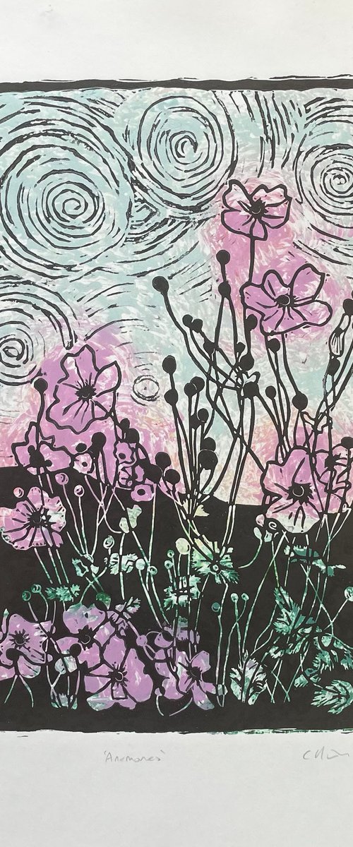 Anemones - Flower Contemporary Linocut Print by C Staunton
