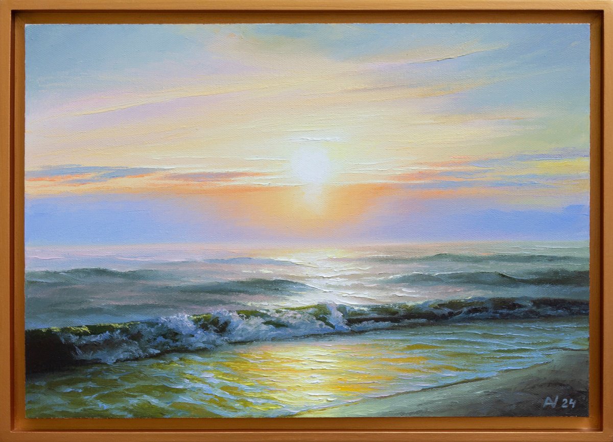 Impressionistic Landscape Oil Painting By Oleksii Vylusk, 21 X 15", Sunrise Over The Sea, Original Artwork