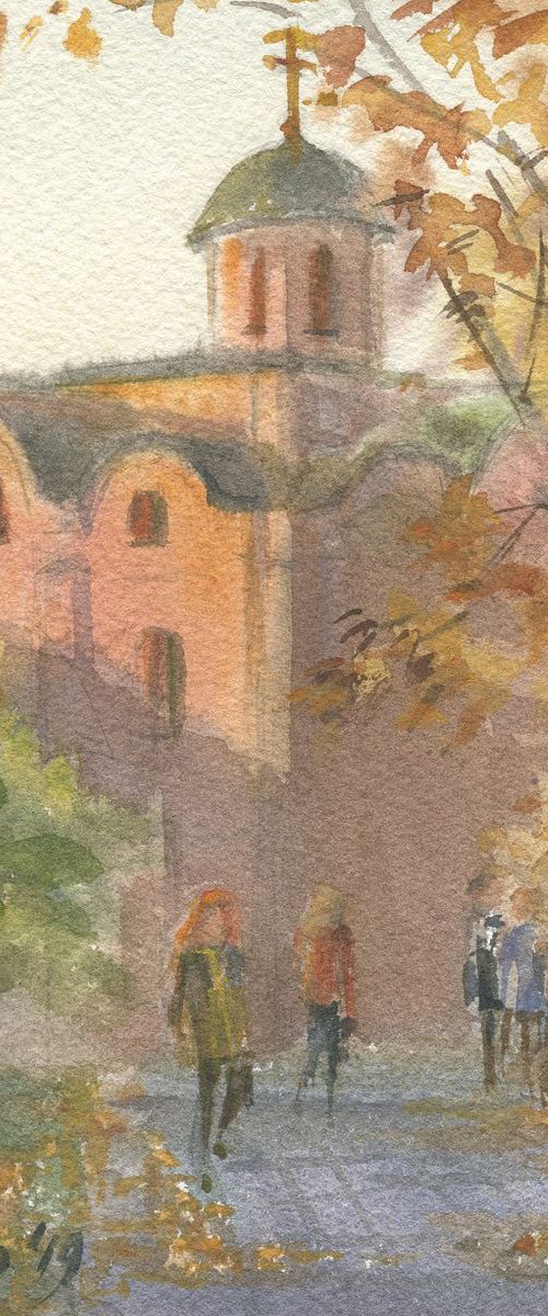 Autumn Podil / Fall watercolor Terracotta church by Olha Malko