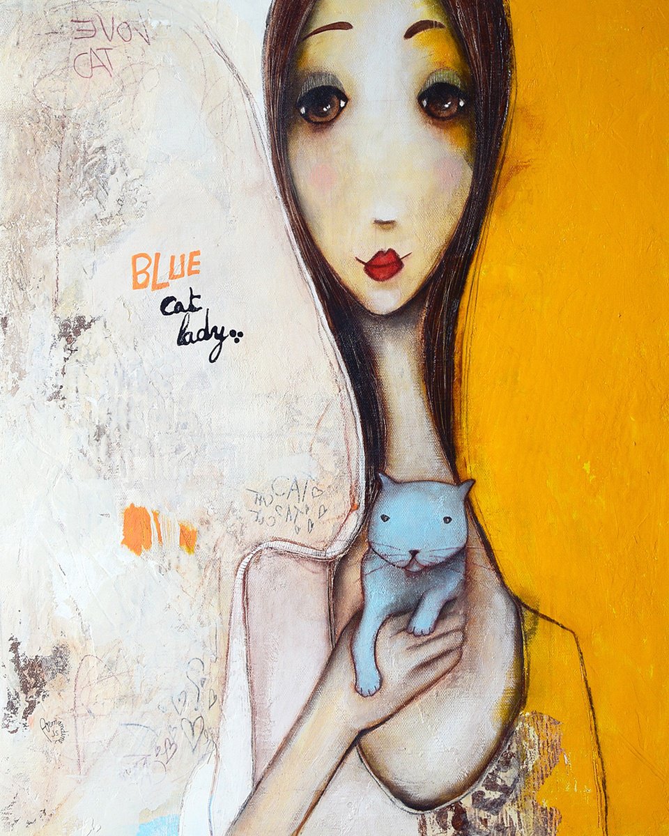 Illustrative Portrait Acrylic Painting By Armandine Js, 18 X 22, Blue Cat Lady, Original Artwork