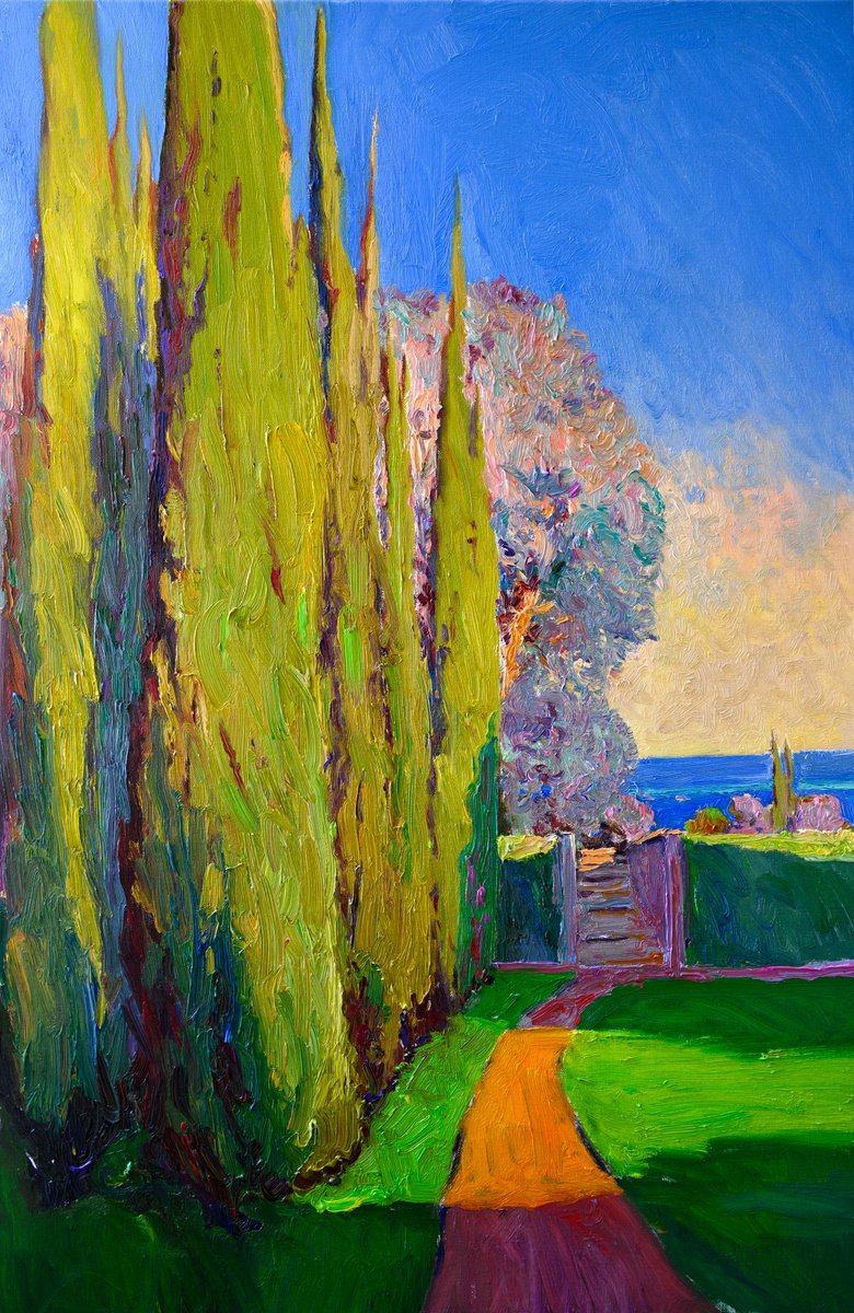 Expressive Landscape Oil Painting By Suren Nersisyan, 24 X 36", Morning Walk To The Ocean, Original Artwork