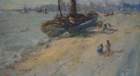 Harbor,  Seascape Original oil Painting, Antique Style, Handmade art, Impressionism, Tonalism, One of a Kind