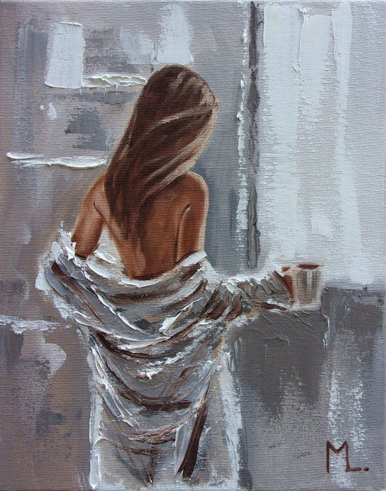 " THANKS FOR COFFEE ... " original painting Summer window spring palette knife GIFT