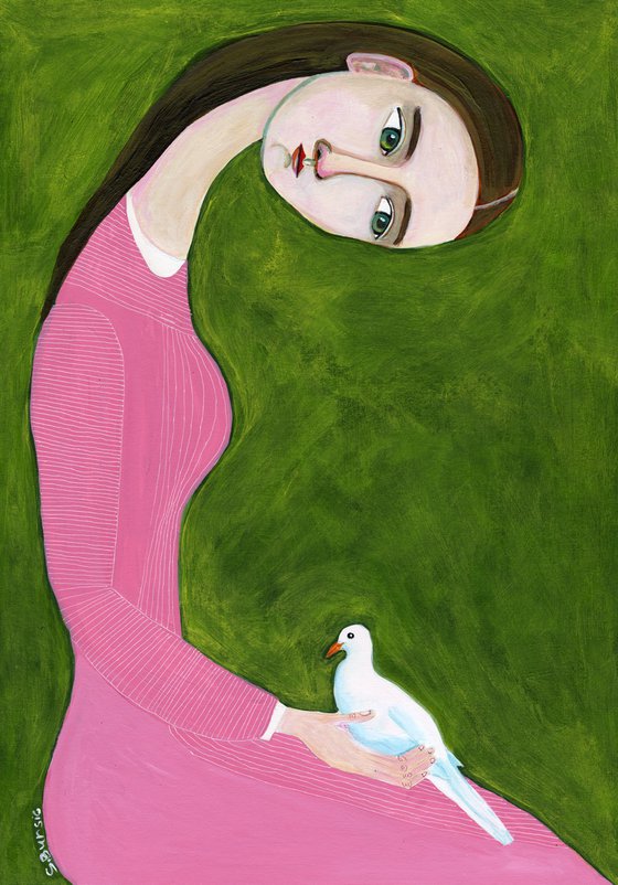 Girl in pink dress with white dove