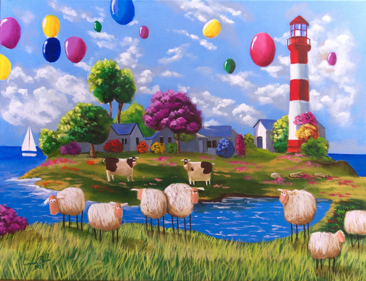 Happy sheep with balloons by Gordon Bruce