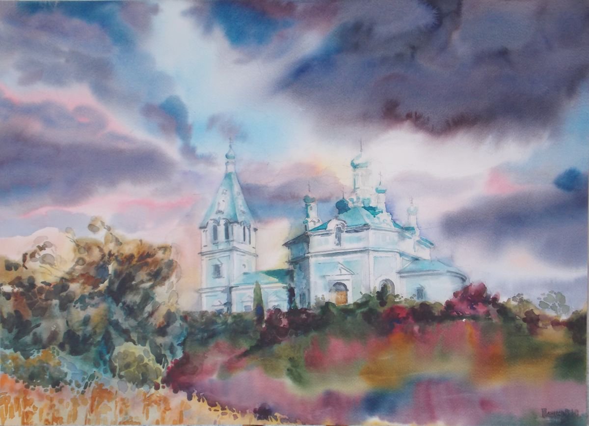 Impressionistic Cityscapes Watercolour By Yurii Pashkov, 28 X 20", The Church, Original Artwork