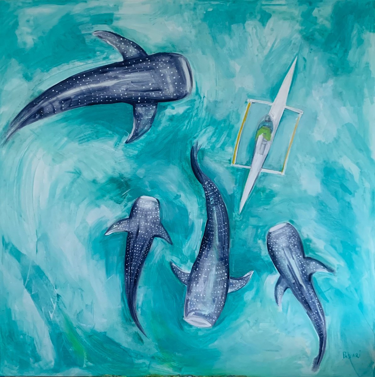 Impressionistic Landscape Acrylic Painting By Olga Pascari, 39 X 39", White Shark, Original Artwork