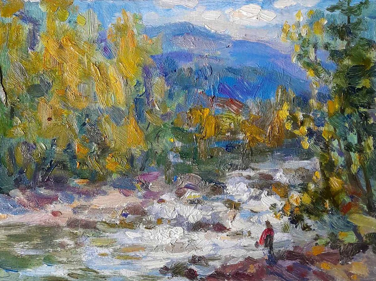Impressionistic Landscape Oil Painting By Ivan Kovalenko, 9 X 7, Stream In The Forest, Original Artwork