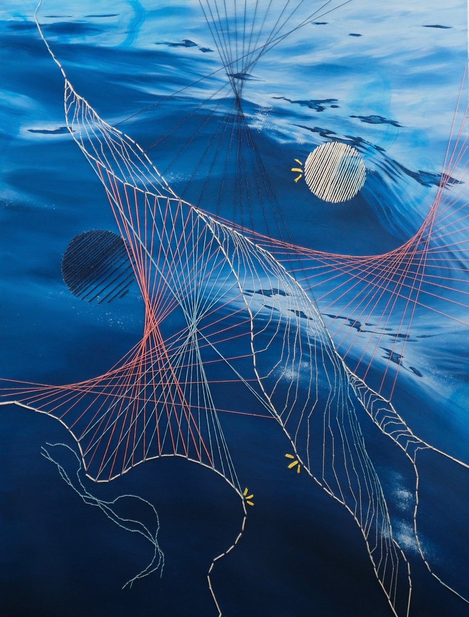 Organic Landscape Oil Painting By Valeria Ocean, 18 X 24", Blue Ripples, Original Artwork