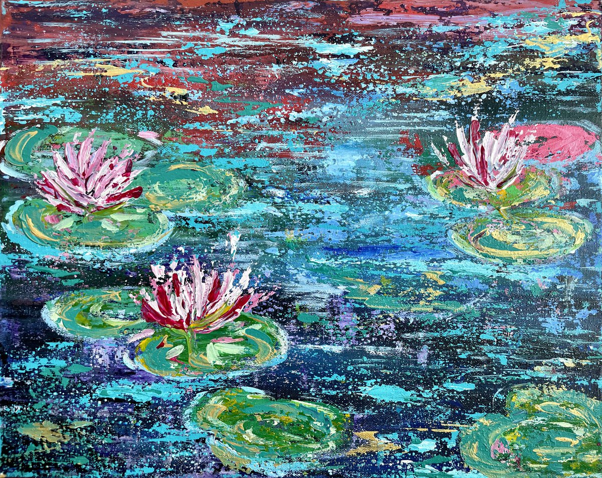 Impressionistic Botanical Acrylic Painting By Pooja Verma, 20 X 16", Nympheas Spirit - Pooja Verma, Original Artwork