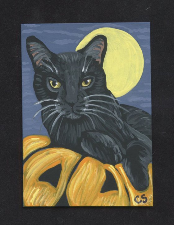 ACEO ATC Original Painting Halloween Black Cat Pumpkin Pet Art-Carla Smale