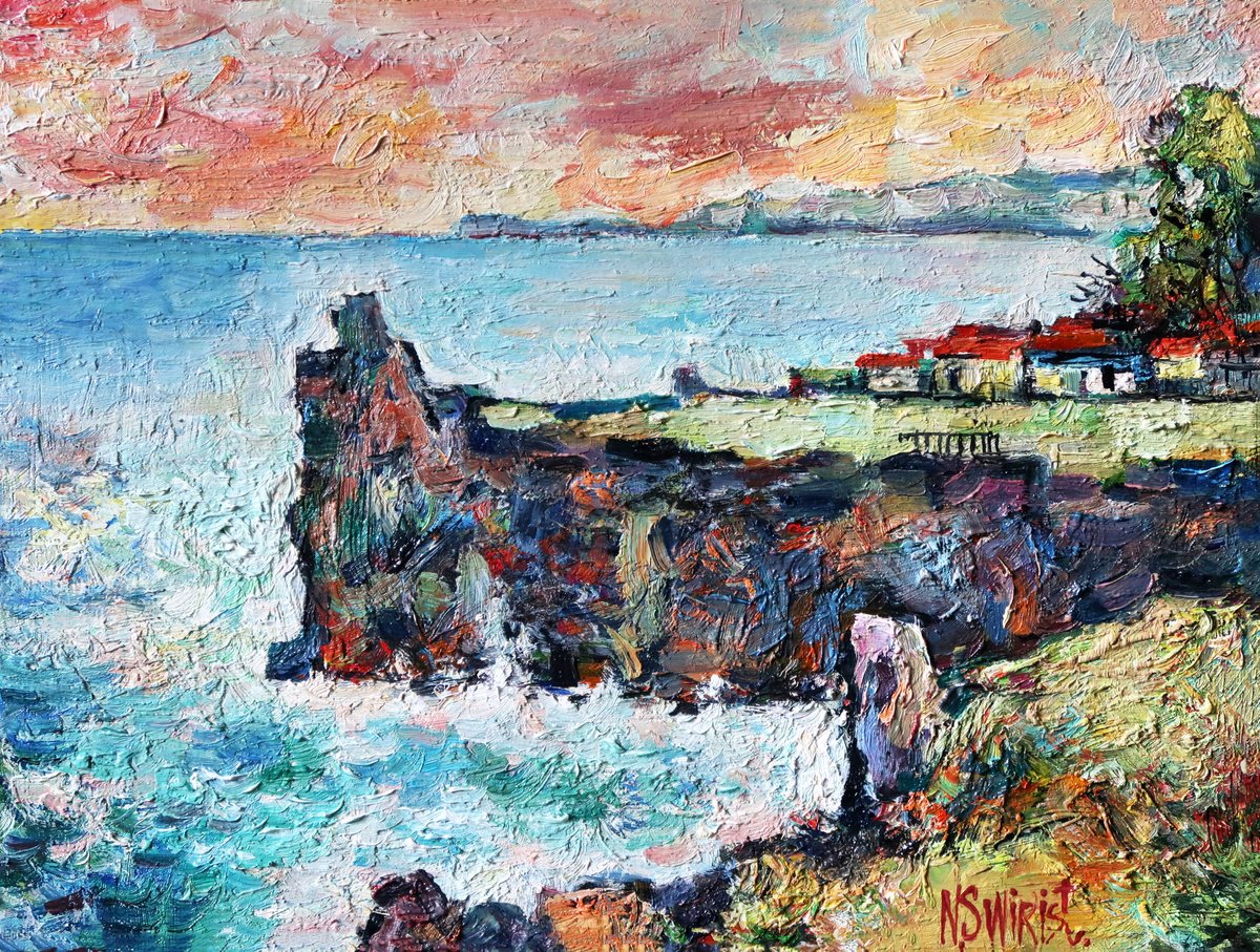 Impressionistic Landscape Oil Painting By Nikifor Swiristuhin, 16 X 12", Sky And Sea Of Sicily., Original Artwork