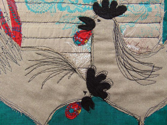 "Roosters" - textile collage