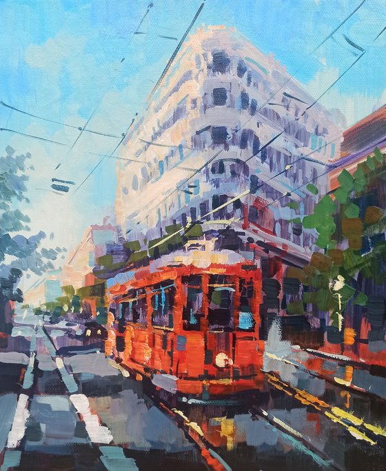 Red tram (24x30cm, oil painting, ready to hang)