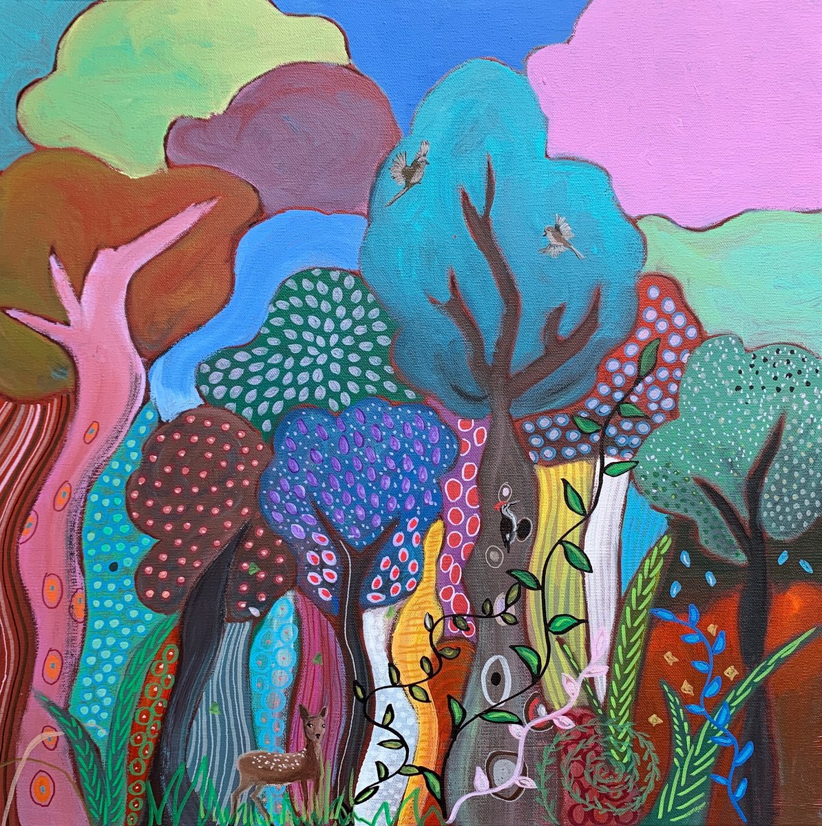 Abstract Oil Painting By Laure Bury, 20 X 20", Magical Wonder Ii, Original Artwork