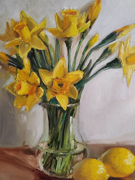 Narcissus flower bouquet oil painting Wild Flower original art 20x20"