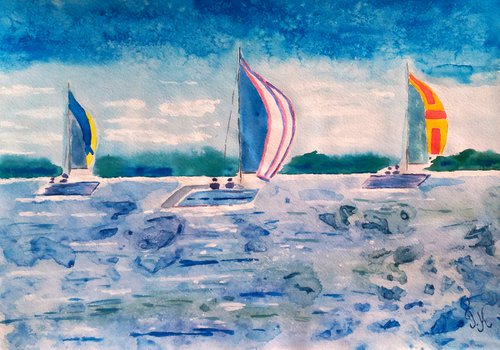 Sailboat Painting Nautical Original Art Sea Watercolor Marina Artwork Small Wall Art 17 by 12" by Halyna Kirichenko by Halyna Kirichenko