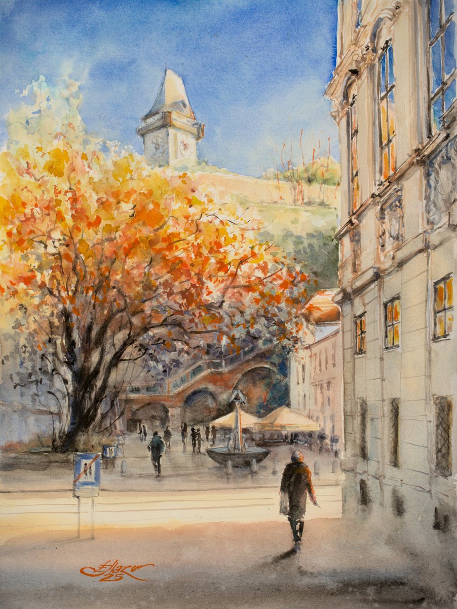 Impressionistic Cityscapes Watercolour By Eve Mazur, 12 X 16, Graz, Schlossbergplatz, Original Artwork