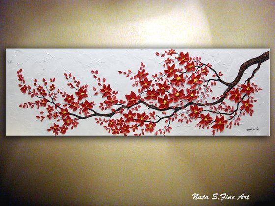 Original Red Cherry Blossom Painting, Abstract Blossom Tree Art, Impasto Floral Art