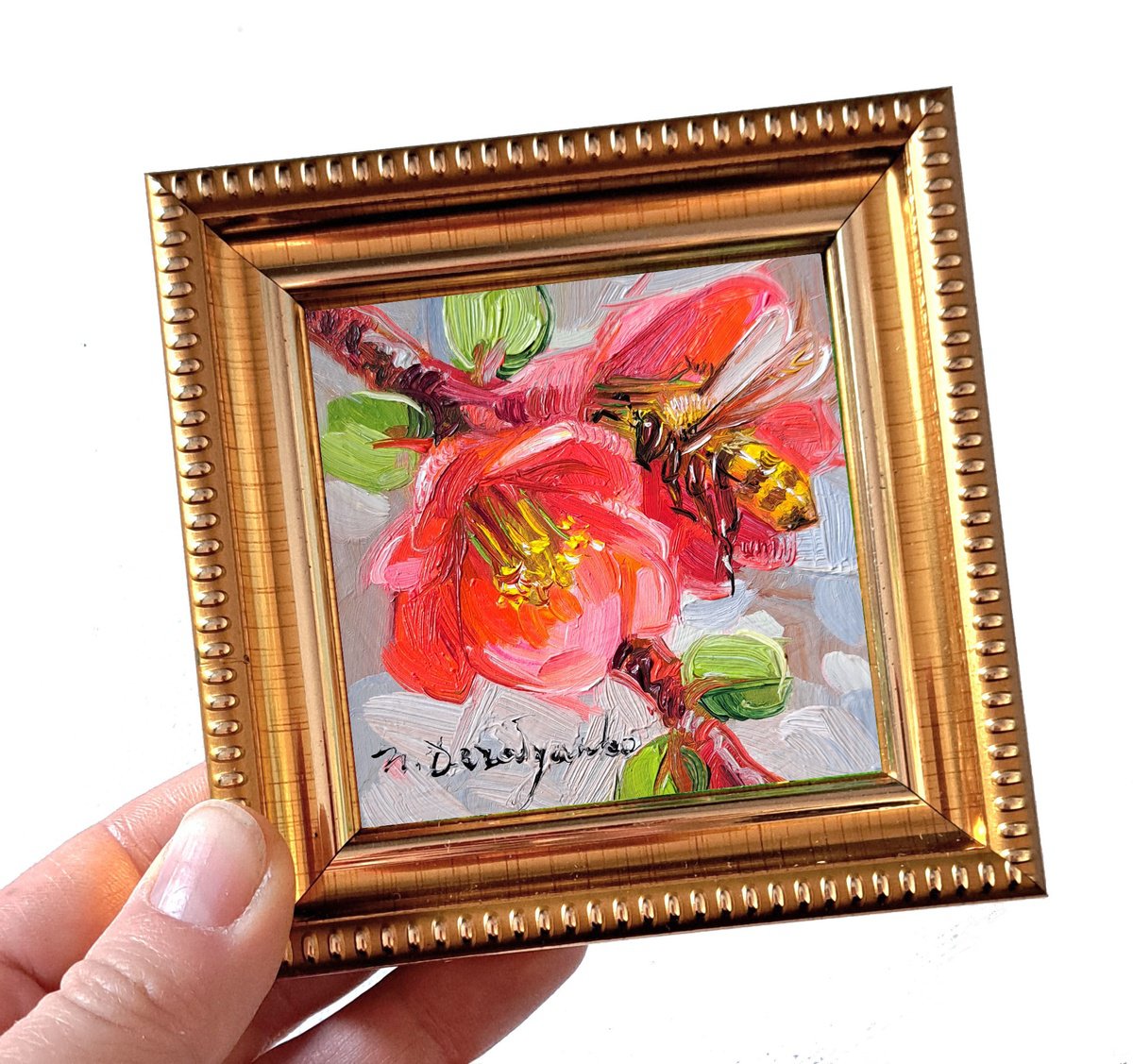 Bee painting original 3x3, Bee art tiny oil painting red framed art gift for girlfriend by Nataly Derevyanko