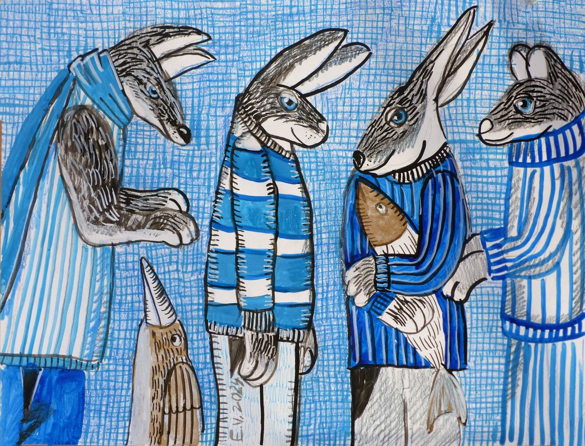 Illustrative Animal Drawing By Elizabeth Vlasova, 14 X 11, Friends In Blue, Original Artwork