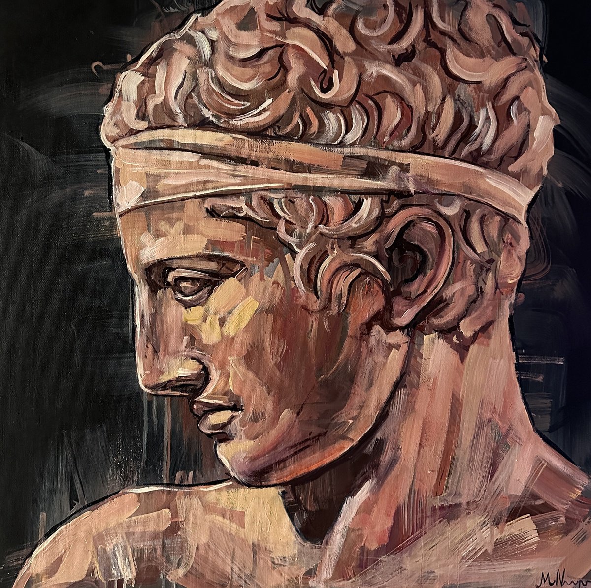 Expressive Portrait Oil Painting By Emmanouil Nanouris, 24 X 24, Male Statue Painting Sculpture Portrait, Original Artwork