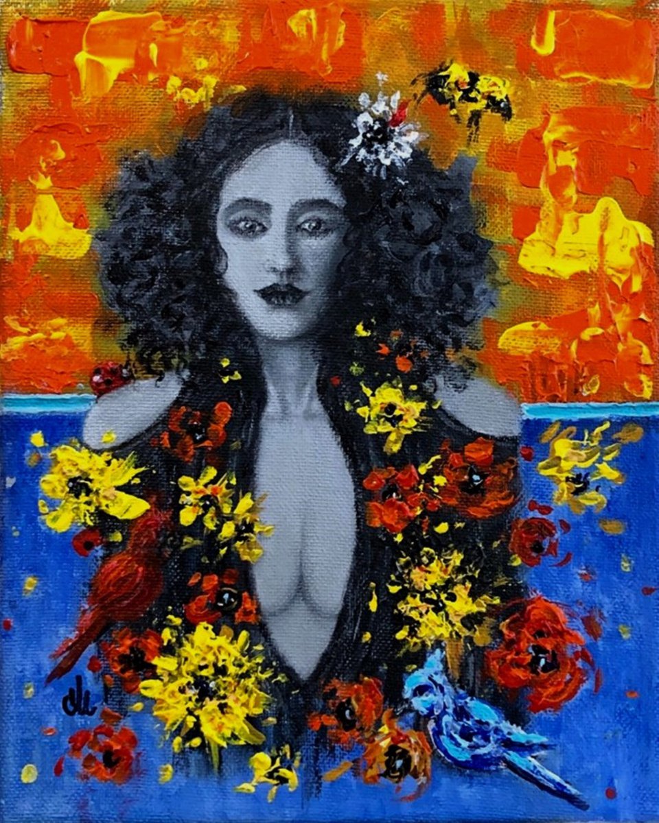 Expressive Portrait Acrylic Painting By Cristina Mihailescu, 8 X 10, Flower Power, Original Artwork