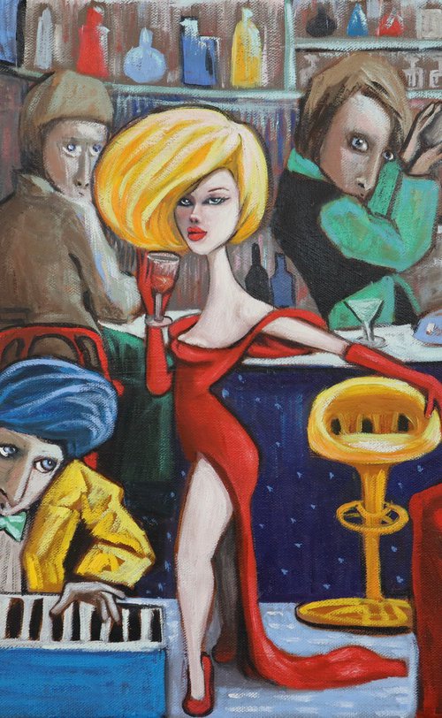 Lady in red in a jazz club by Ta Byrne