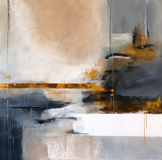 Abstraction in gray, gold and blue tones.