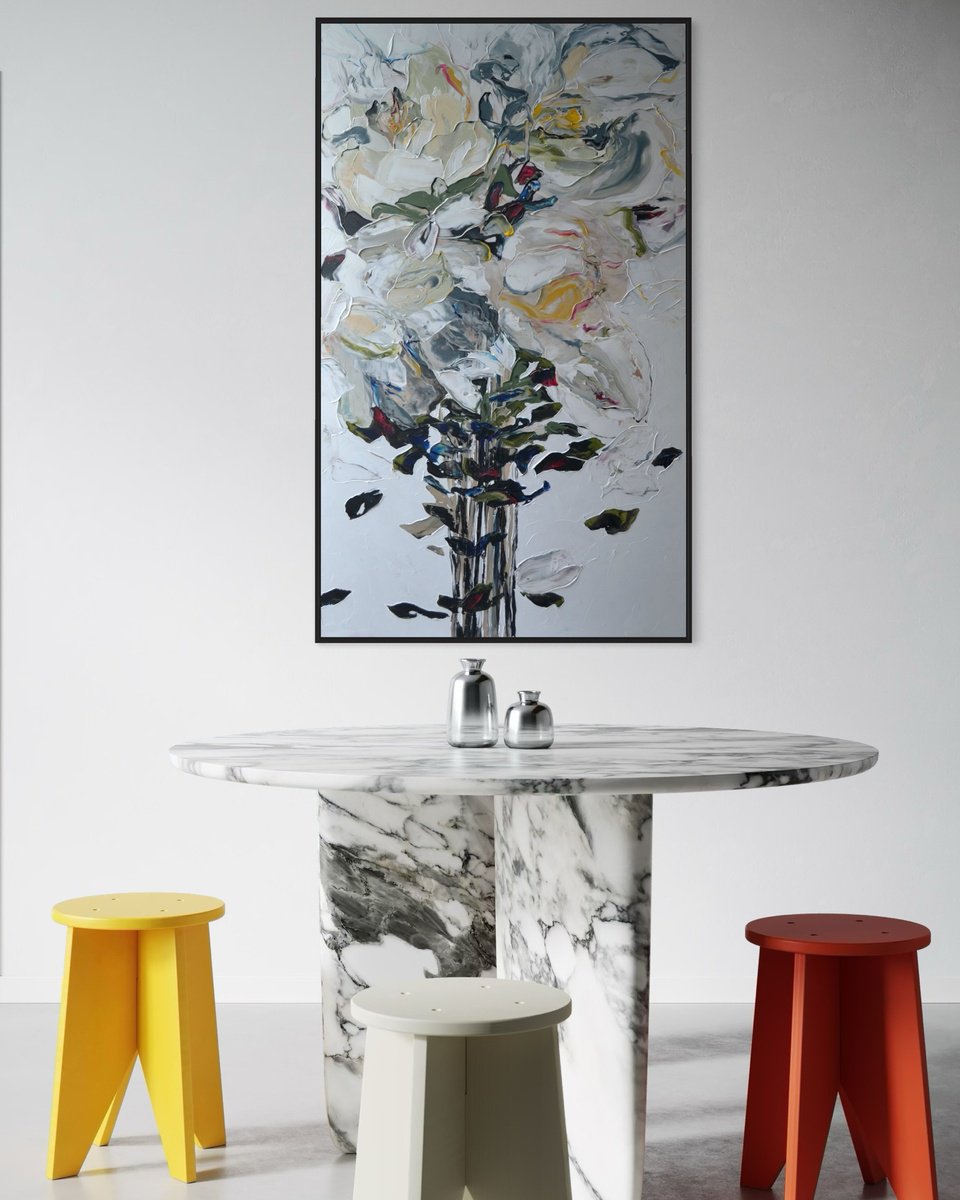 Impressionistic Botanical Acrylic Painting By Tetiana Hutsul, 37 X 63", Like The Morning Dew, Original Artwork