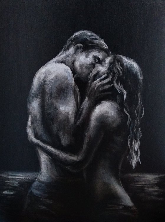 Man and Woman Kissing Couple in Love Black and Silver Minimalistic Art
