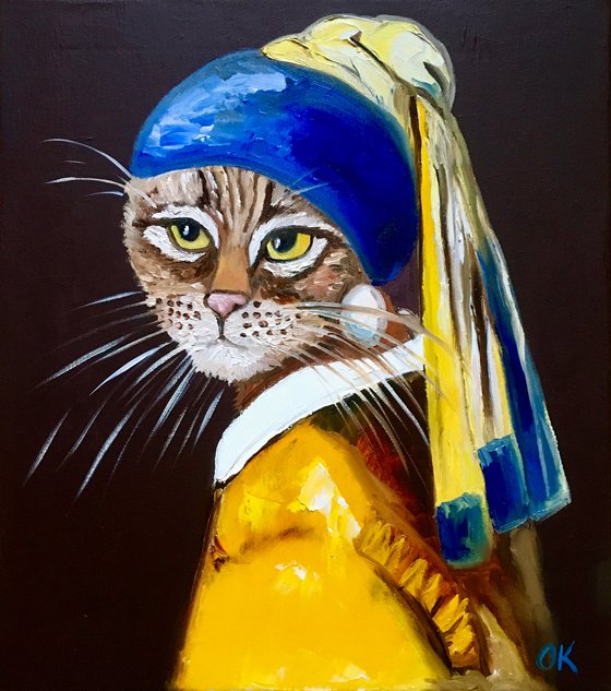 Cat with the pearl earring inspired by Vermeer painting feline art for cat lovers gift idea