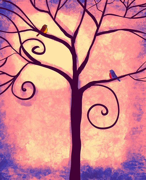 tree bird pictures online art for living room in a3 , cute lovebird tree artwork v2 by Stuart Wright