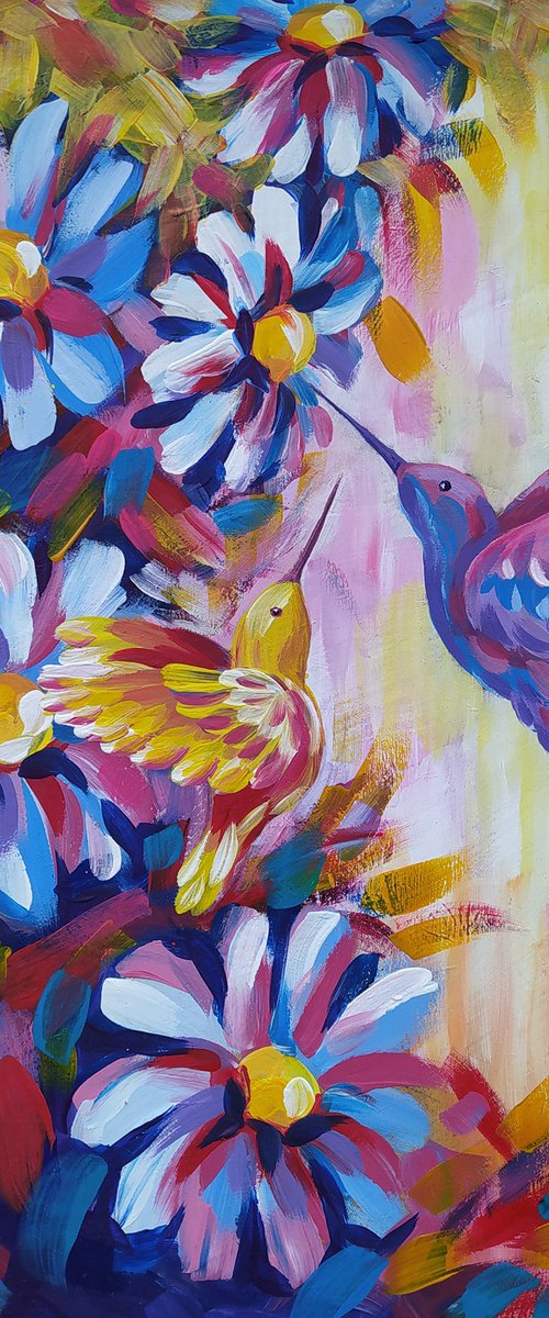 In flowers - birds, flowers and birds,painting, chamomile flowers, bouquet, acrylic painting, flower, painting original, flowers painting floral,art, gift, home decor by Anastasia Kozorez