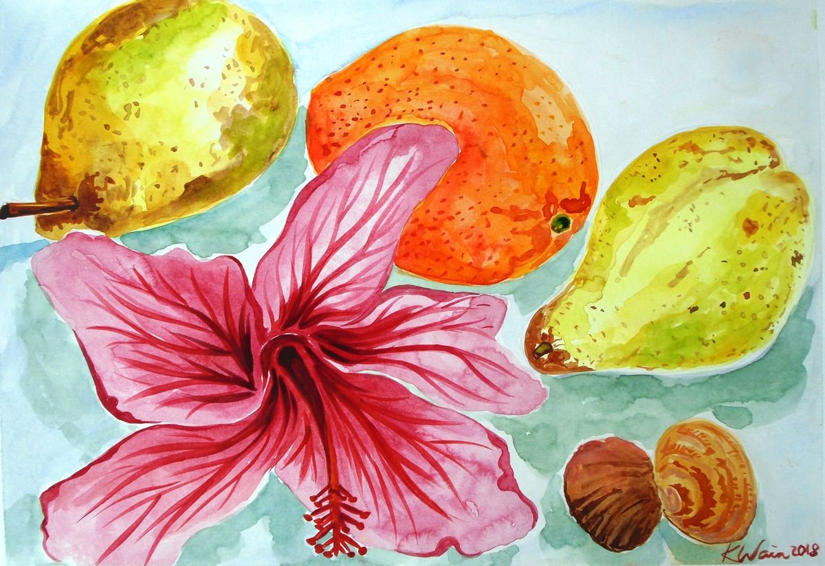 Still Life with flower, fruit and shells by Kirsty Wain