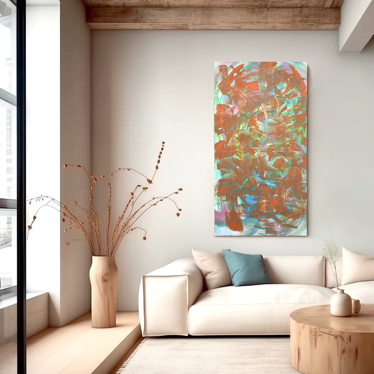 Organic Abstract Acrylic Painting By Anatoliy Menkiv, 31 X 59, Tangerine Embrace. 80X150Cm / 31.5X59.1 Inch, Original Artwork